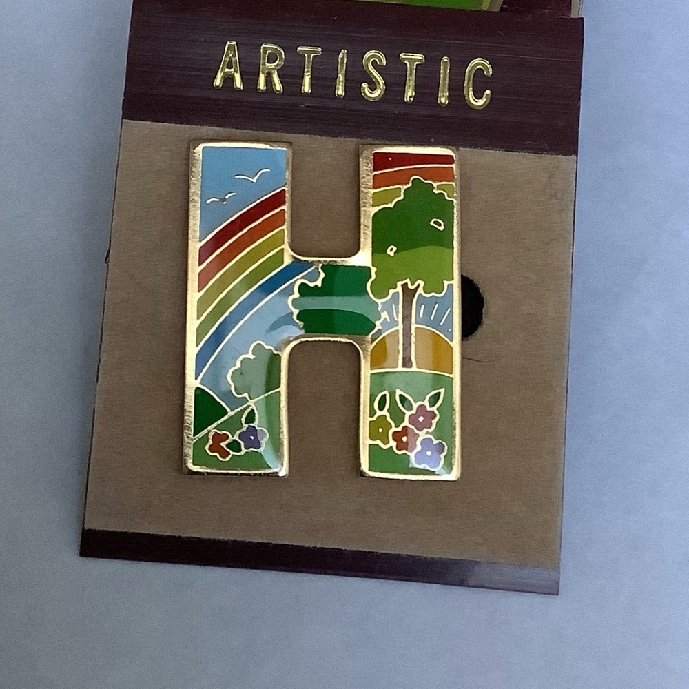 NWOT Vintage Cloisonné Rainbow “H” monogram brooch pin